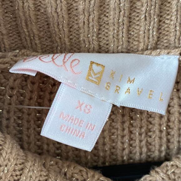 LIGHT FLAW BELLE BY KIM GRAVEL Turtleneck Holiday Sweater Tan Metallic Gold XS - Picture 5 of 6